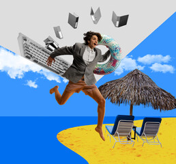 Finishing deadlines and jumping into beach. Smiling, happy businessman, office worker going on summer vacation. Contemporary art collage. Concept of business and vacation, inspiration, surrealism