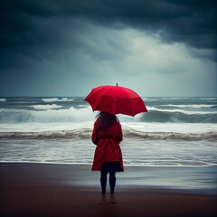 1 / 1A young woman with a red umbrella stands on a deserted beach, staring at the rough sea