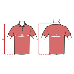 Isolated Outline vector illustration unisex short sleeve collared shirts - sizing chart, for cloth template size label