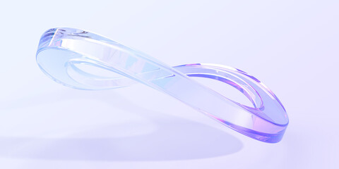 Poster - Abstract glass geometric figure in shape of infinity 3d render. Holographic wavy sculpture, transparent iridescent art object of crystal or plastic form isolated on purple background. 3D illustration