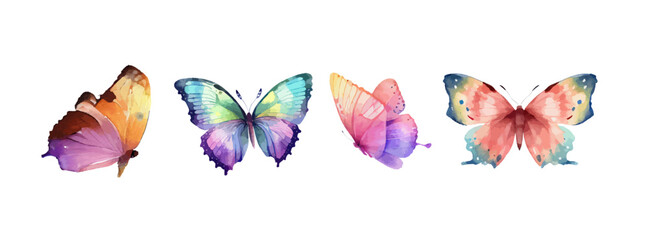 Colorful butterflies watercolor isolated on white background. Pink, green, brown, yellow butterfly. Spring animal vector illustration