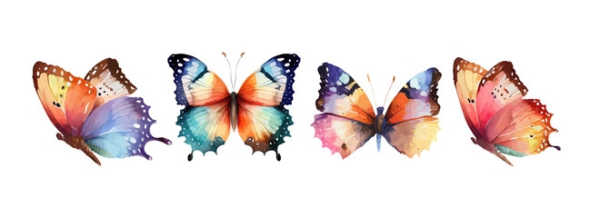 Wall Mural - Colorful butterflies watercolor isolated on white background. Pink, green, brown, yellow butterfly. Spring animal vector illustration