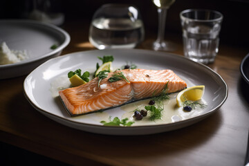 Preparing a Arctic char on a fancy plate with garnishes. Michelin star food photography. image created with artificial intelligence simulating a product photograph