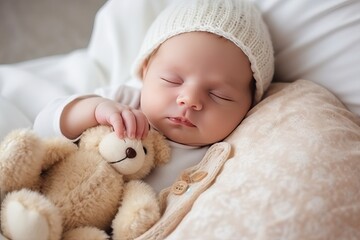 cute newborn baby sleeps with teddy bear (ai generated)