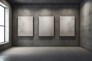 Concrete wall with three empty posters. Front view, Gallery concept. Mock up,. Generative AI