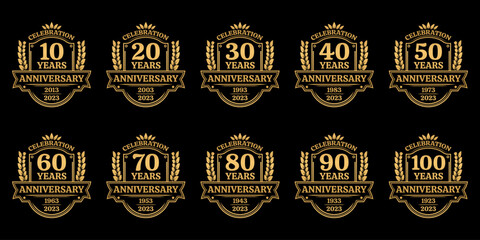 10, 20, 30, 40, 50, 60, 70, 80, 90, 100 years anniversary icon or logo. vintage birthday banner desi