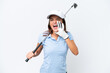 Young caucasian woman playing golf isolated on white background shouting with mouth wide open