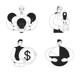 Poster - startup pre launch strategy bw concept vector spot illustrations pack. plan 2d cartoon flat line mon