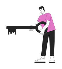 Poster - Beginner startupper holding key to business flat line color vector character. Editable simple outline full body person on white. Opening cartoon spot illustration for web graphic design and animation
