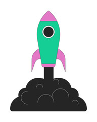 Poster - Launching rocket with dark smoke flat line color vector object. Spacecraft. Editable lineart icon on white. Simple outline cartoon style spot illustration for web graphic design and animation