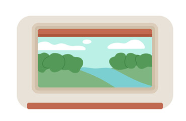 Poster - Seeing outside view from window train semi flat colour vector object. Peaceful landscape in frame. Editable cartoon clipart icon on white. Simple spot illustration for web graphic design and animation
