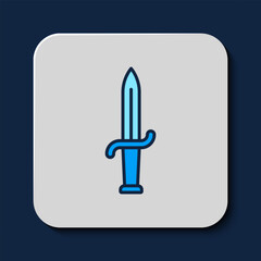 Wall Mural - Filled outline Dagger icon isolated on blue background. Knife icon. Sword with sharp blade. Vector