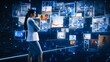 © Gorodenkoff - Virtual Reality Internet Interface Concept: Beautiful Business Woman Stands in 3D Cyberspace: Browses Through Content Websites, Watches Video Streaming Services, uses Social Media, does e-Commerce