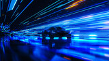Fototapeta Perspektywa 3d - 3D Car Model: Sports Car Driving at on a Wet Road on High Speed, Racing Through the Colorful Tunnel With Lights Reflecting Everywhere. Dark Supercar Driving Fast on Highway. VFX on Image.
