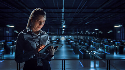 Poster - Successful Data Center IT Specialist Using Tablet Computer. Server Farm Cloud Computing Facility with Female System Administrator Working. Data Protection Engineering for Cyber Security.