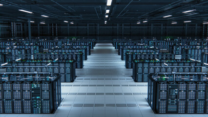 Fototapete - Modern Data Technology Center Server Racks Working in Well-Lighted Room. Concept of Internet of Things, Big Data Protection, Storage, Cryptocurrency Farm, Cloud Computing. Mining Facility Warehouse.
