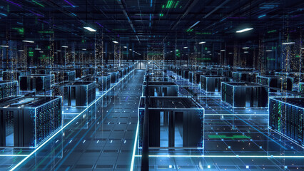 Big Data Technology Center Server Racks in Dark Room with VFX. Futuristic Visualization Concept of Internet of Things, Data Flow, Digitalization of Traffic. Information Equipment Warehouse