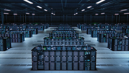 Leinwandbilder - Modern Data Technology Center Server Racks Working in Well-Lighted Room. Concept of Internet of Things, Big Data Protection, Storage, Cryptocurrency Farm, Cloud Computing. 3D Information Storage.