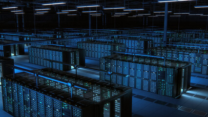 Wall Mural - Modern Data Technology Center Server Racks Working in Dark Facility. Concept of Internet of Things, Big Data Protection, Storage, Cryptocurrency Farm, Cloud Computing. 3D Shot of High Tech Warehouse.