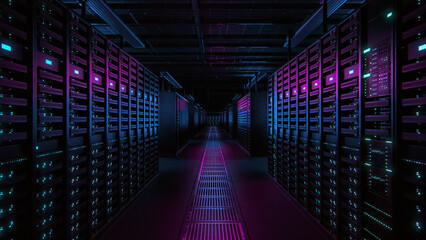 Aufkleber - Data Technology Center Server Racks Working in Dark Facility. Concept of Internet of Things, Big Data Protection, Storage, Cryptocurrency Farm, Cloud Computing. 3D Render of Crypto Miners.