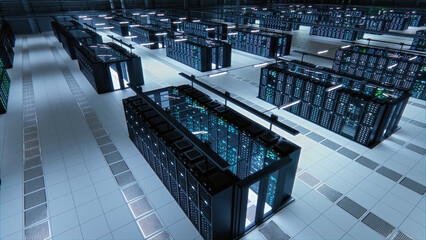 Leinwandbilder - Data Technology Center Server Racks Working in Well-Lighted Room. Concept of Internet of Things, Big Data Protection, Storage, Cryptocurrency Farm, Cloud Computing. 3D Shot of Powerful Computers.
