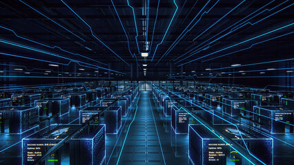 Poster - Futuristic Data Center with Turned on 3D Inforgraphics. Augmented VFX Visualization on Server Farm Cloud Computing Facility. Internal System Working Properly in Cyber Data Security Company.