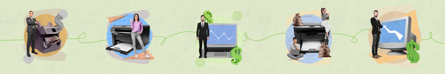Poster - Collage artwork graphics picture of smiling colleagues working office isolated painting background