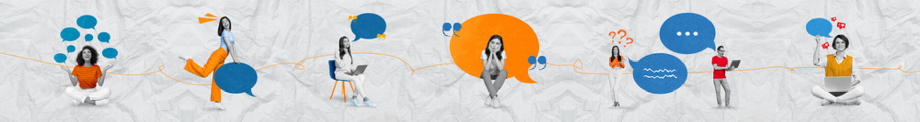 Panorama multiple collage collection of young girls communicating messages incoming boyfriend man texting sms phrase isolated on gray background