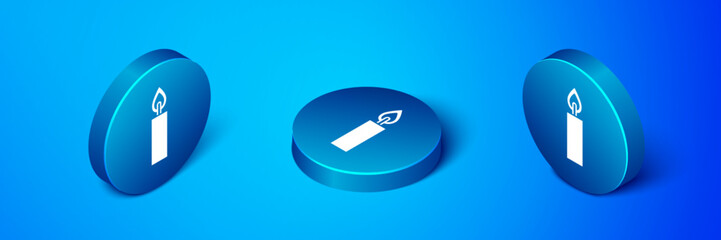 Poster - Isometric Burning candle icon isolated on blue background. Cylindrical candle stick with burning flame. Blue circle button. Vector