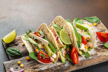 Healthy corn tortillas with grilled chicken, grilled chicken, avocado, fresh tomatoes, limes on a wooden board. top view