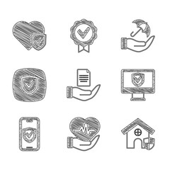 Poster - Set Contract in hand, Life insurance, House with shield, Insurance online, Shield, Umbrella and icon. Vector