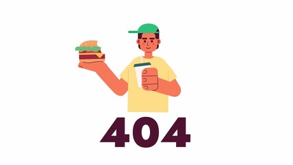 Poster - Eating fast food 404 error animation. Teen in fastfood restaurant. Empty state 4K video concept footage with alpha channel transparency. Colorful page not found flash message for UI, UX web design