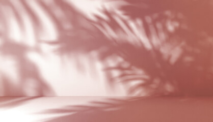 Wall Mural - blurred shadow of palm leaves on a wall with red ligth. abstract minimal background for a product pr
