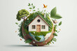 © CYBERUSS - Eco friendly house with green environmental background. Generative Ai