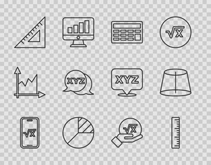 Poster - set line square root of x glyph, ruler, calculator, pie chart infographic, triangular ruler, xyz coo