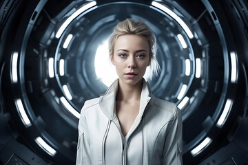 Beautiful blond woman in white jacket inside a interstellar ship bright screens, female scientist in lab, generative ai