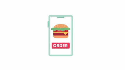 Fototapete - Fastfood order screen animation. Animated mobile phone with fast food delivery app 2D cartoon flat object. Burger 4K video concept footage on white with alpha channel transparency for web design