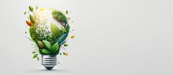 Eco friendly lightbulb banner with copy space, Sustainable and Renewable energy. Generative Ai