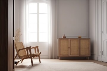 Wall Mural - contemporary living room with a stylish chair and a sleek cabinet. Generative AI