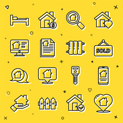 Sticker - Set line House with heart shape, Online real estate house, Hanging sign text Sold, Search, contract, Bed and Heating radiator icon. Vector