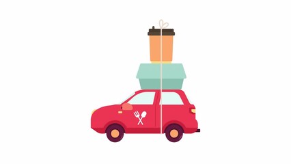 Poster - Prepared meal delivery animation. Animated delivery car with lunch box and coffee 2D cartoon flat object. Fresh dinner 4K video concept footage on white with alpha channel transparency for web design