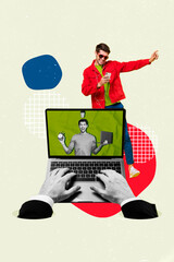 Aufkleber - Creative 3d photo artwork graphics collage painting of worker arms typing gadget watching funky guy dancing isolated drawing background