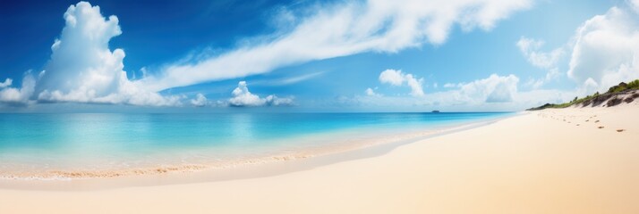  Panorama tropical sea and sandy beach with blue sky banner. Generative AI