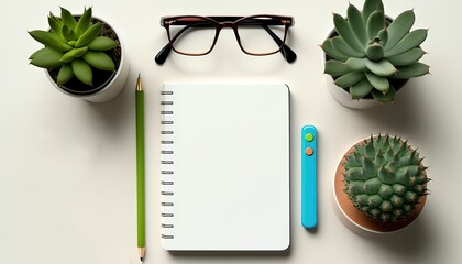 Sticker - A white desk with a sticky notepad, a pen, some glasses, a cactus, some headphones, and a computer. Generative AI