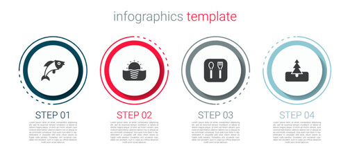 Wall Mural - Set Fish, Sunrise, Fork and spoon and Tree. Business infographic template. Vector