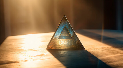 Illuminated golden triangle and blue masonic symbol - AI Generated Image