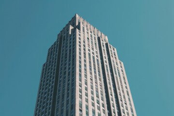 Sticker - skyscraper with a star at its apex against a blue sky background. Generative AI