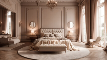 Luxurious large bedroom with marble slabs and a bed in the center. Delicate beige colors - ivory, milk, brown, taupe. Generative AI
