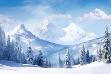 Wall Mural - winter landscape with snow-covered mountains and trees. Generative AI