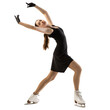 © Lustre Art Group  - Young teen girl, junior female figure skater in black stage costume skating isolated over white background png. Concept of sport, win, winter sports.